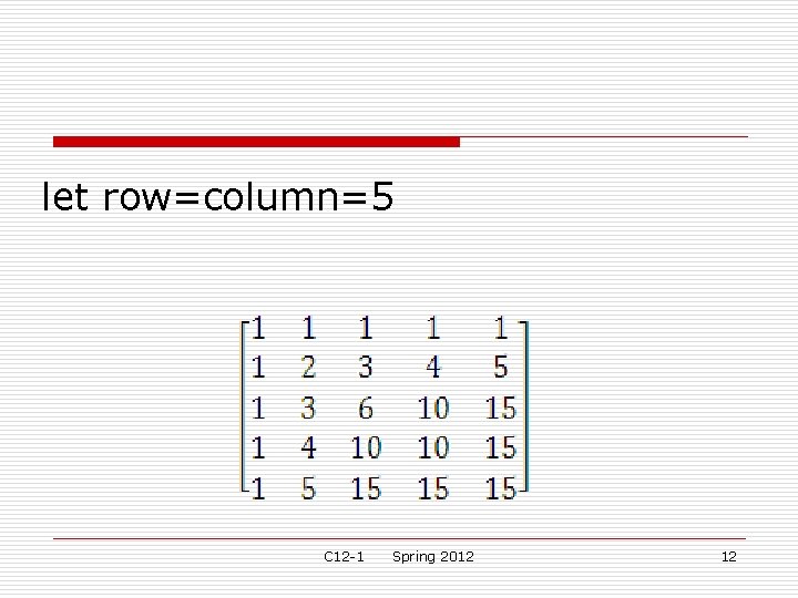 let row=column=5 C 12 -1 Spring 2012 12 