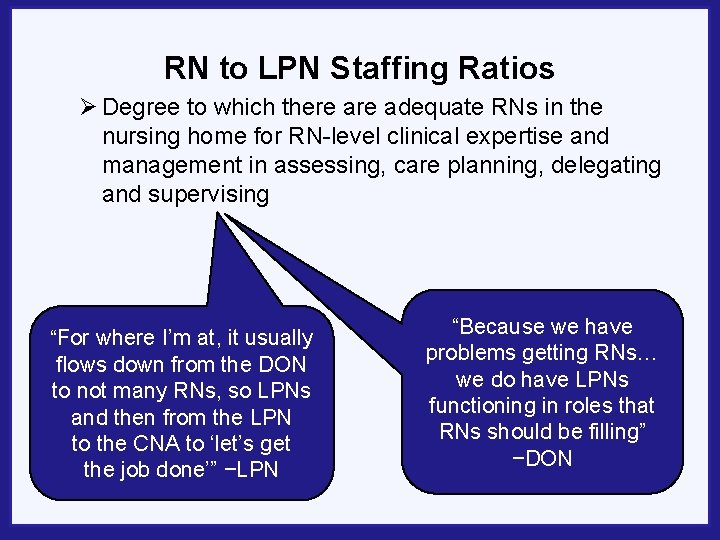 RN to LPN Staffing Ratios Ø Degree to which there adequate RNs in the