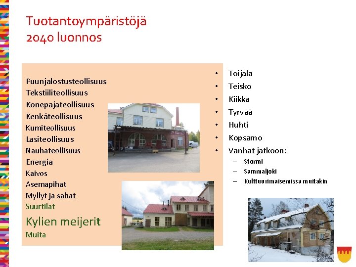 Tuotantoympäristöjä 2040 luonnos Puunjalostusteollisuus Tekstiiliteollisuus Konepajateollisuus Kenkäteollisuus Kumiteollisuus Lasiteollisuus Nauhateollisuus Energia Kaivos Asemapihat Myllyt