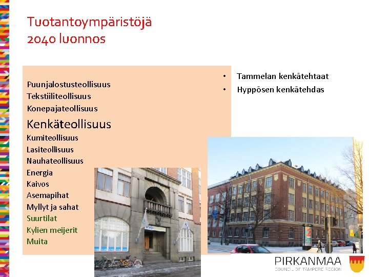 Tuotantoympäristöjä 2040 luonnos Puunjalostusteollisuus Tekstiiliteollisuus Konepajateollisuus Kenkäteollisuus Kumiteollisuus Lasiteollisuus Nauhateollisuus Energia Kaivos Asemapihat Myllyt