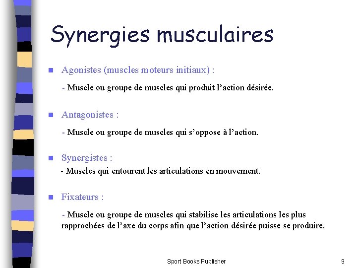 Synergies musculaires n Agonistes (muscles moteurs initiaux) : - Muscle ou groupe de muscles Synergies musculaires n Agonistes (muscles moteurs initiaux) : - Muscle ou groupe de muscles