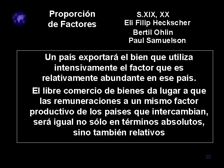 Proporción de Factores S. XIX, XX Eli Filip Heckscher Bertil Ohlin Paul Samuelson Un