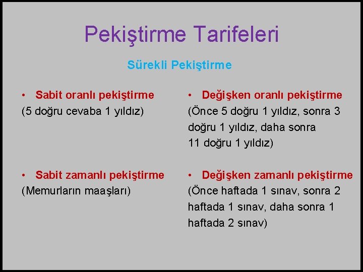 Pekiştirme Tarifeleri Sürekli Pekiştirme • Sabit oranlı pekiştirme (5 doğru cevaba 1 yıldız) •