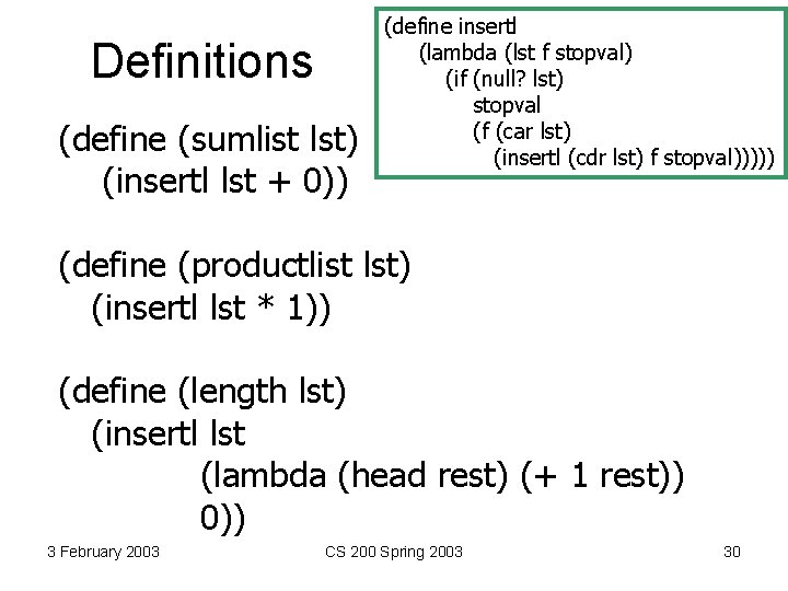 Definitions (define (sumlist lst) (insertl lst + 0)) (define insertl (lambda (lst f stopval)