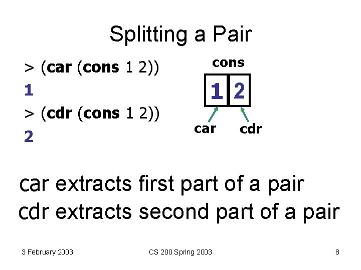 Splitting a Pair > (car (cons 1 2)) 1 > (cdr (cons 1 2))