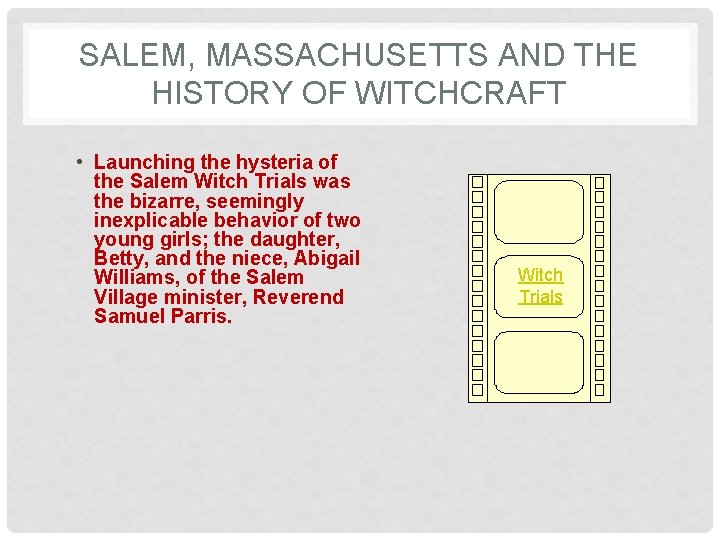 SALEM, MASSACHUSETTS AND THE HISTORY OF WITCHCRAFT • Launching the hysteria of the Salem