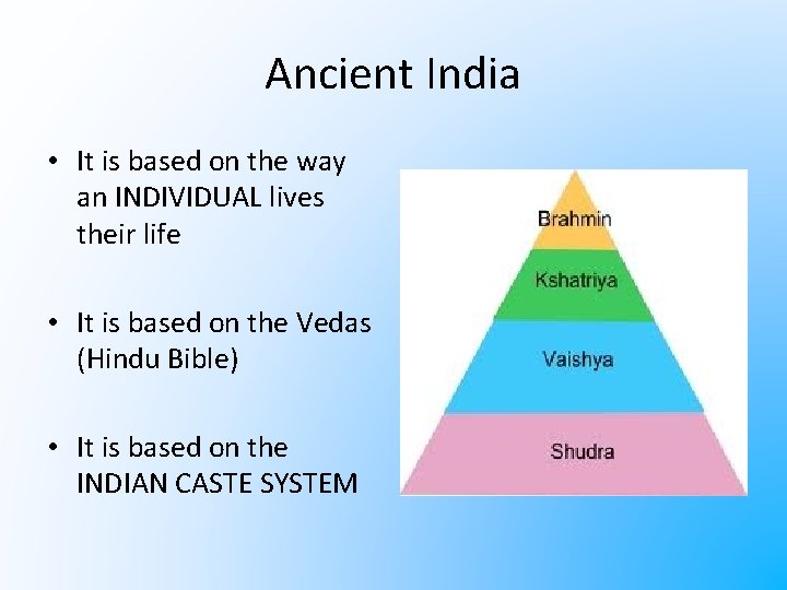 Ancient India • It is based on the way an INDIVIDUAL lives their life