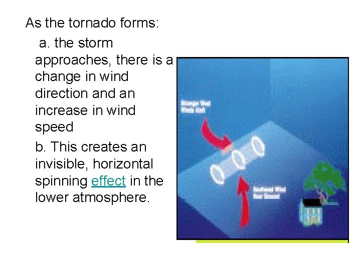  As the tornado forms: a. the storm approaches, there is a change in