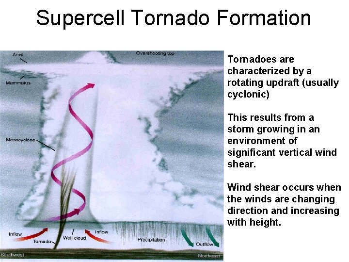 Supercell Tornado Formation Tornadoes are characterized by a rotating updraft (usually cyclonic) This results