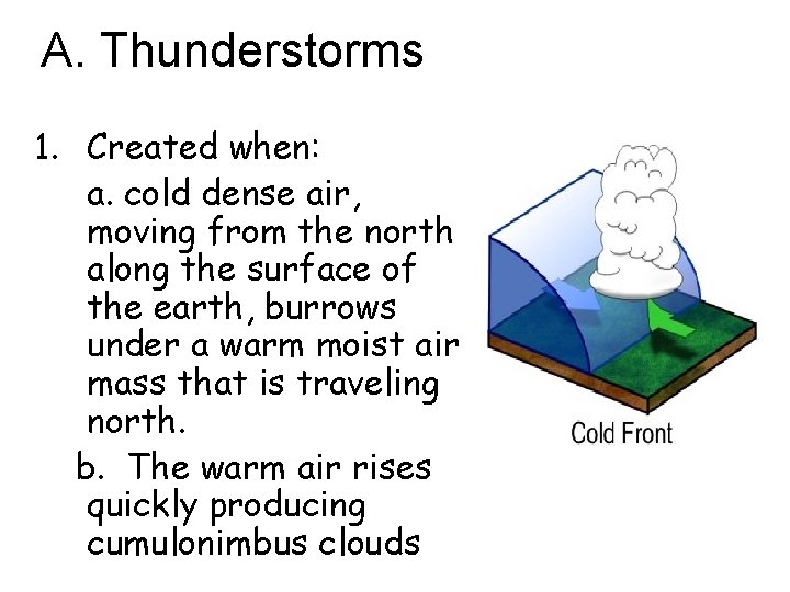 A. Thunderstorms 1. Created when: a. cold dense air, moving from the north along