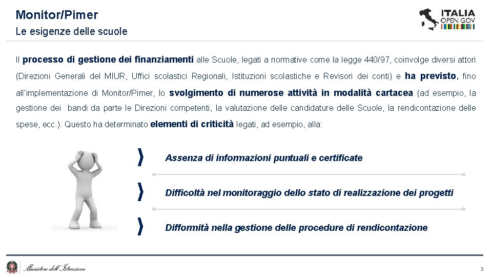 Monitor/Pimer Le esigenze delle scuole Il processo di gestione dei finanziamenti alle Scuole, legati