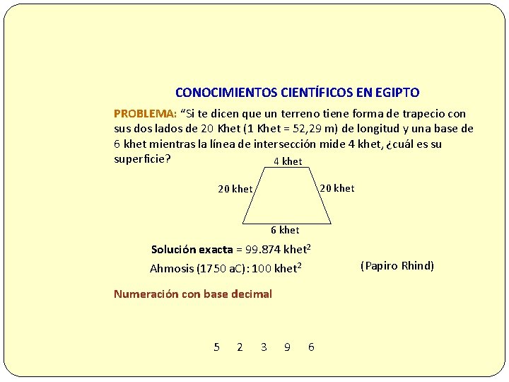 CONOCIMIENTOS CIENTÍFICOS EN EGIPTO PROBLEMA: “Si te dicen que un terreno tiene forma de