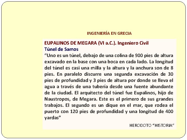 INGENIERÍA EN GRECIA EUPALINOS DE MEGARA (VI a. C. ). Ingeniero Civil Túnel de