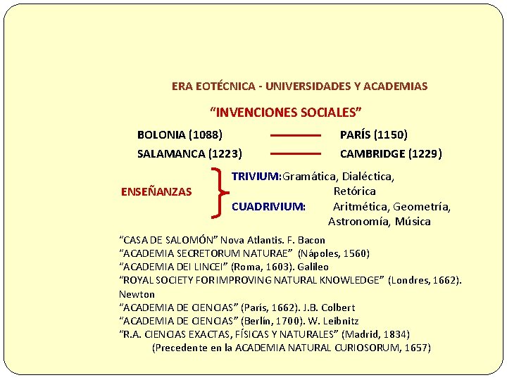 ERA EOTÉCNICA - UNIVERSIDADES Y ACADEMIAS “INVENCIONES SOCIALES” BOLONIA (1088) SALAMANCA (1223) ENSEÑANZAS PARÍS