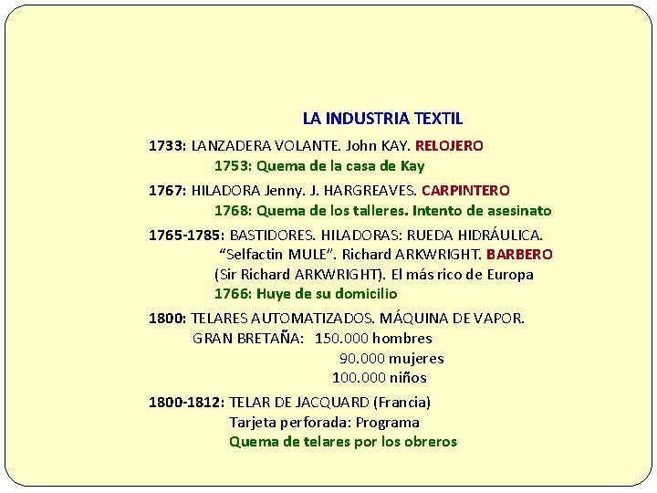 LA INDUSTRIA TEXTIL 1733: LANZADERA VOLANTE. John KAY. RELOJERO 1753: Quema de la casa