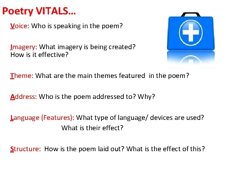 Poetry VITALS… Voice: Who is speaking in the poem? Imagery: What imagery is being