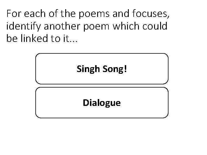 For each of the poems and focuses, identify another poem which could be linked