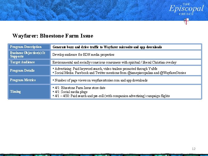 Wayfarer: Bluestone Farm Issue Program Description Generate buzz and drive traffic to Wayfarer microsite