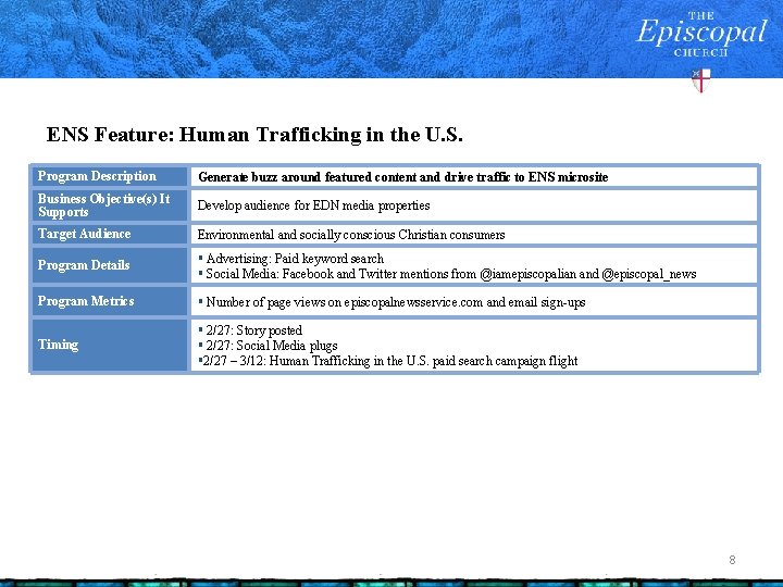 ENS Feature: Human Trafficking in the U. S. Program Description Generate buzz around featured
