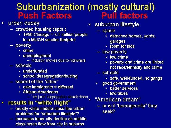 Suburbanization (mostly cultural) Push Factors • urban decay – crowded housing (apts. ) •