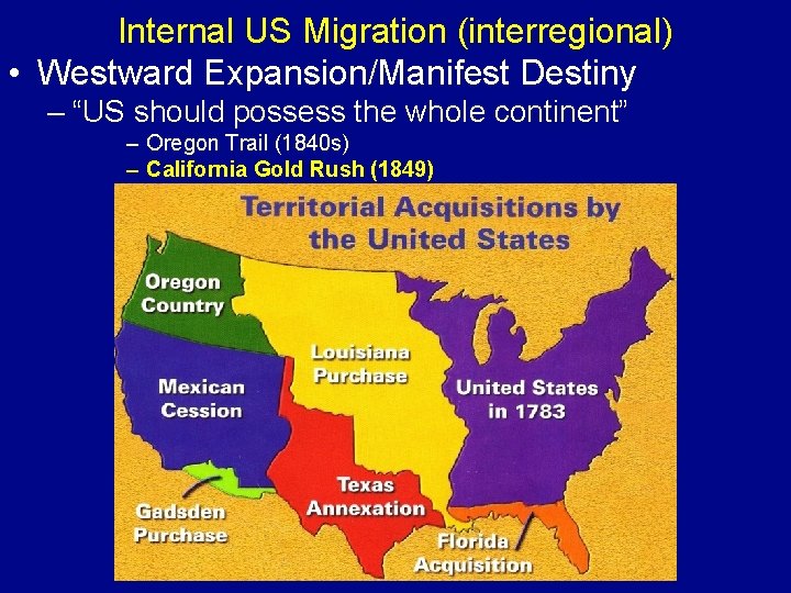 Internal US Migration (interregional) • Westward Expansion/Manifest Destiny – “US should possess the whole