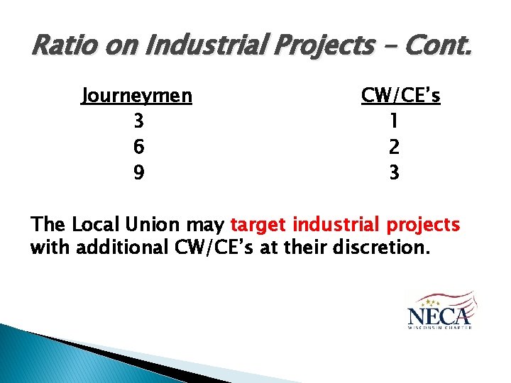 Ratio on Industrial Projects – Cont. Journeymen 3 6 9 CW/CE’s 1 2 3