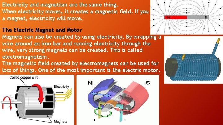 Electricity and magnetism are the same thing. When electricity moves, it creates a magnetic