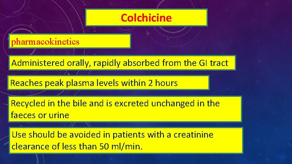 Colchicine pharmacokinetics Administered orally, rapidly absorbed from the GI tract Reaches peak plasma levels