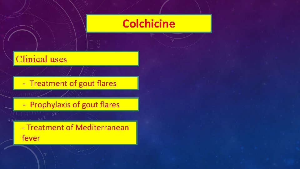 Colchicine Clinical uses - Treatment of gout flares - Prophylaxis of gout flares -