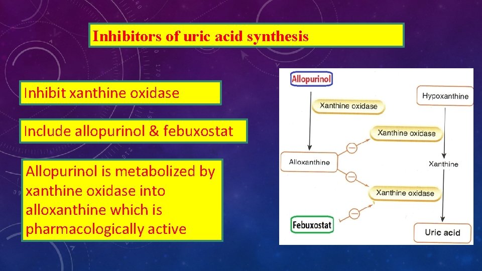 Inhibitors of uric acid synthesis Inhibit xanthine oxidase Include allopurinol & febuxostat Allopurinol is