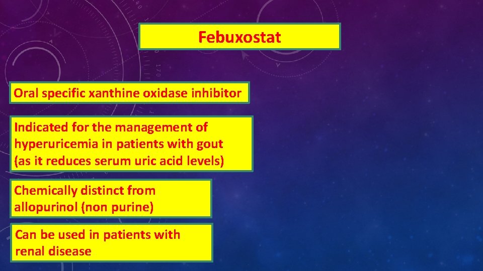 Febuxostat Oral specific xanthine oxidase inhibitor Indicated for the management of hyperuricemia in patients