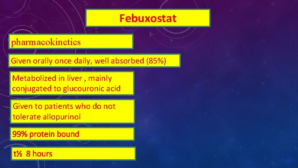 Febuxostat pharmacokinetics Given orally once daily, well absorbed (85%) Metabolized in liver , mainly