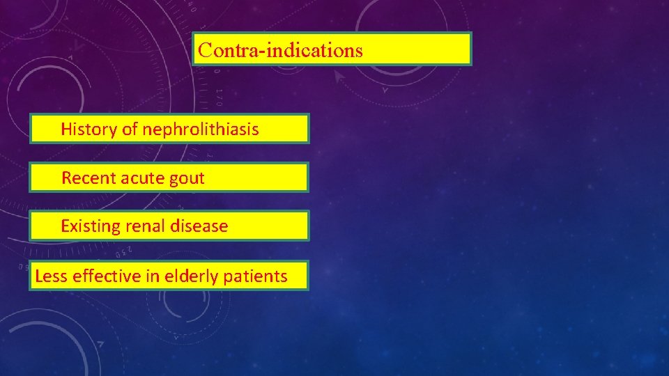 Contra-indications History of nephrolithiasis Recent acute gout Existing renal disease Less effective in elderly