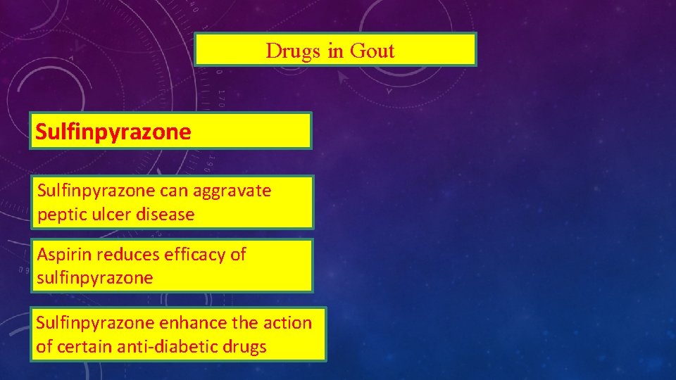 Drugs in Gout Sulfinpyrazone can aggravate peptic ulcer disease Aspirin reduces efficacy of sulfinpyrazone