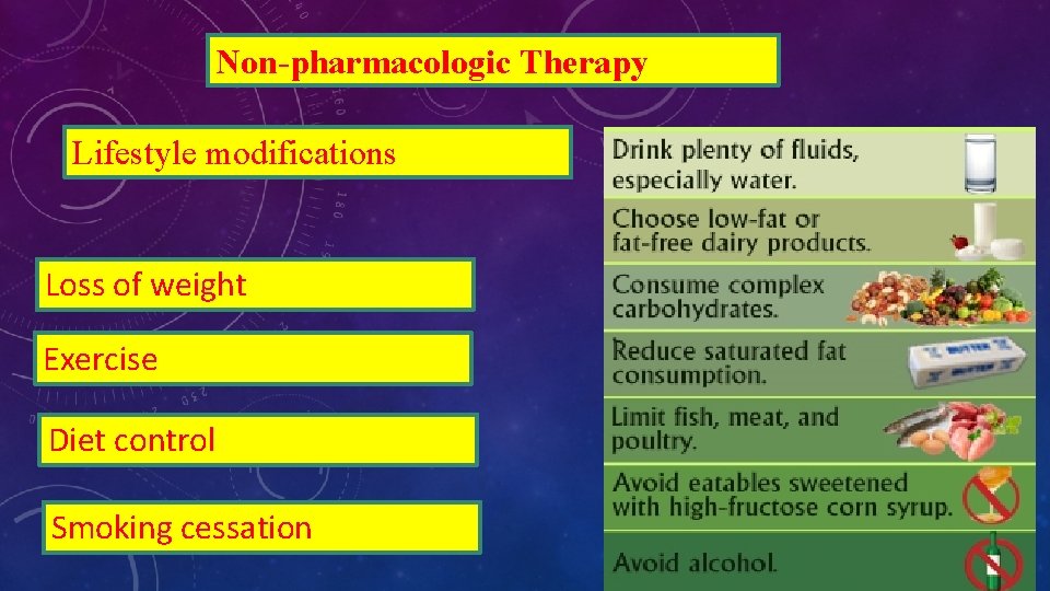 Non-pharmacologic Therapy Lifestyle modifications Loss of weight Exercise Diet control Smoking cessation 