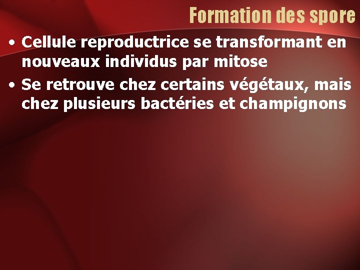 Formation des spore • Cellule reproductrice se transformant en nouveaux individus par mitose •