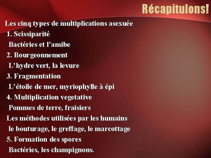 Récapitulons! Les cinq types de multiplications asexuée 1. Scissiparité Bactéries et l’amibe 2. Bourgeonnement