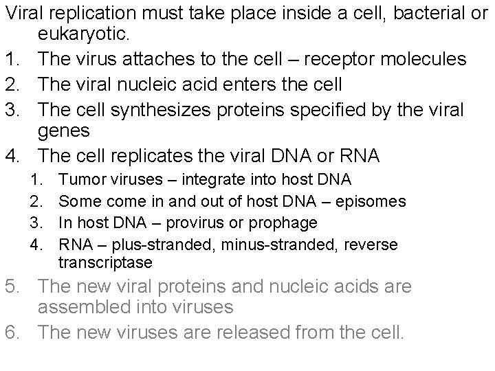 Viral replication must take place inside a cell, bacterial or eukaryotic. 1. The virus