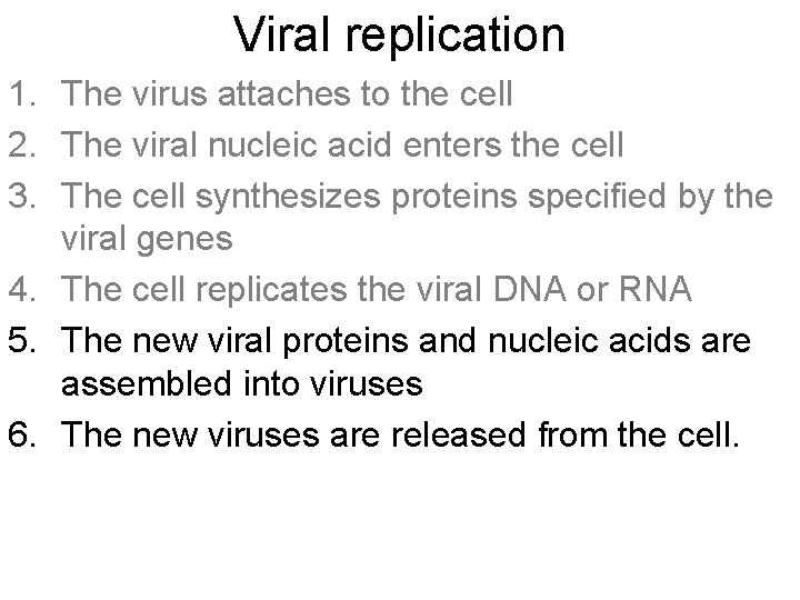 Viral replication 1. The virus attaches to the cell 2. The viral nucleic acid