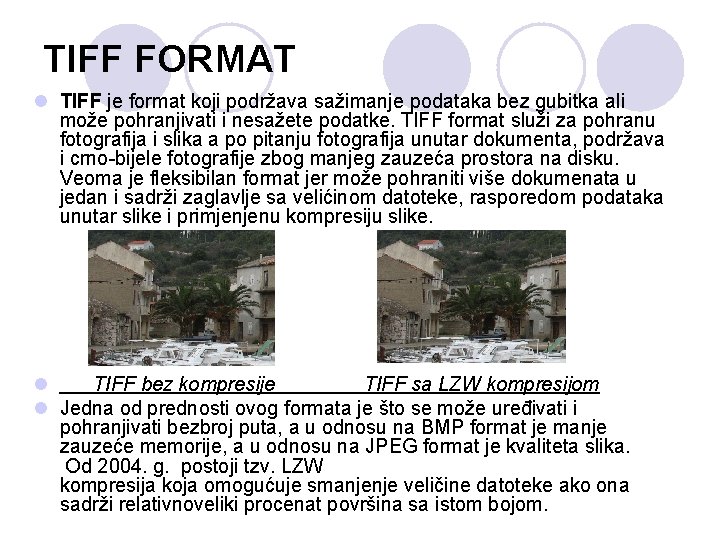 TIFF FORMAT l TIFF je format koji podržava sažimanje podataka bez gubitka ali može