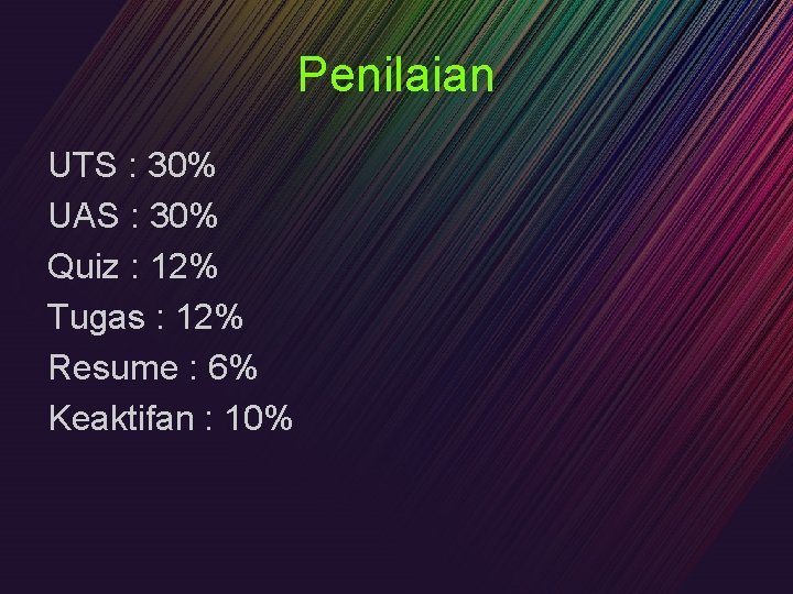 Penilaian UTS : 30% UAS : 30% Quiz : 12% Tugas : 12% Resume