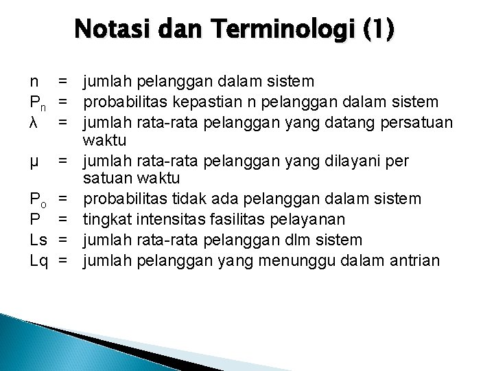 Notasi dan Terminologi (1) n = jumlah pelanggan dalam sistem Pn = probabilitas kepastian