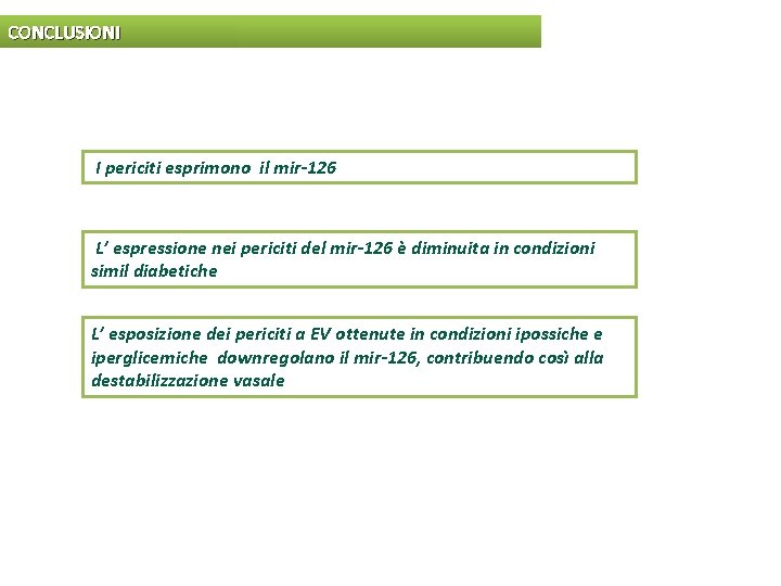 CONCLUSIONI I periciti esprimono il mir-126 L’ espressione nei periciti del mir-126 è diminuita