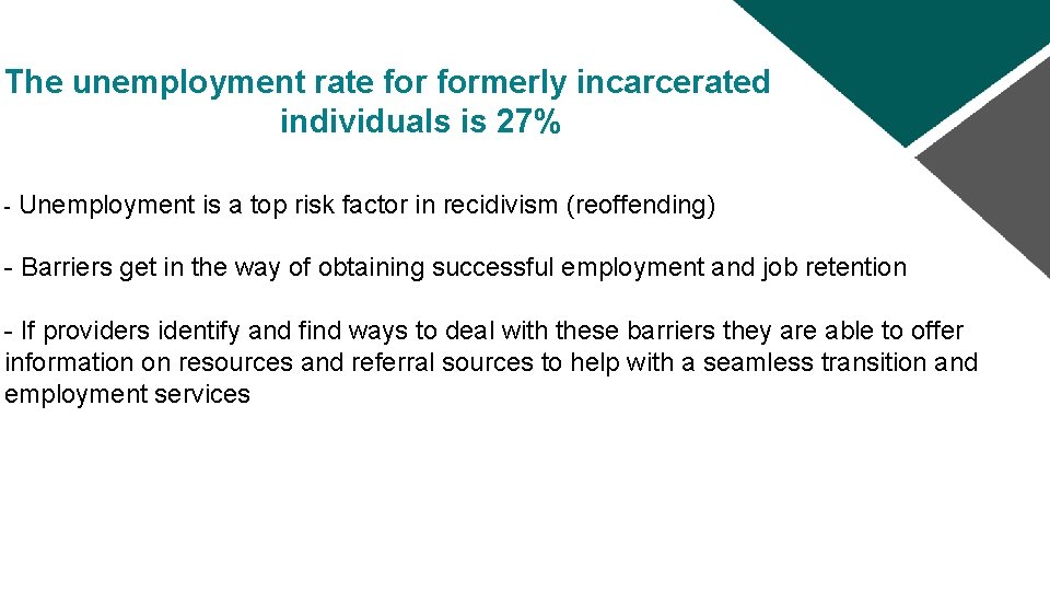 The unemployment rate formerly incarcerated individuals is 27% - Unemployment is a top risk