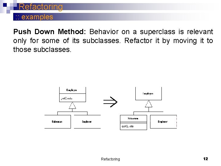 Refactoring : : examples Push Down Method: Behavior on a superclass is relevant only Refactoring : : examples Push Down Method: Behavior on a superclass is relevant only