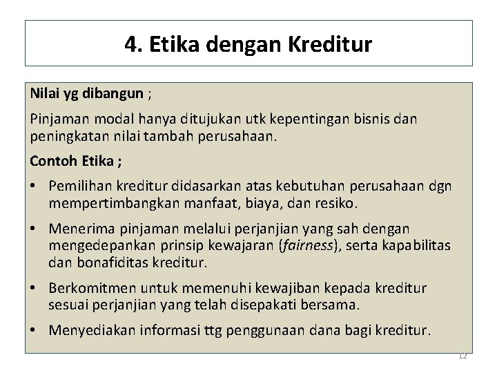 4. Etika dengan Kreditur Nilai yg dibangun ; Pinjaman modal hanya ditujukan utk kepentingan