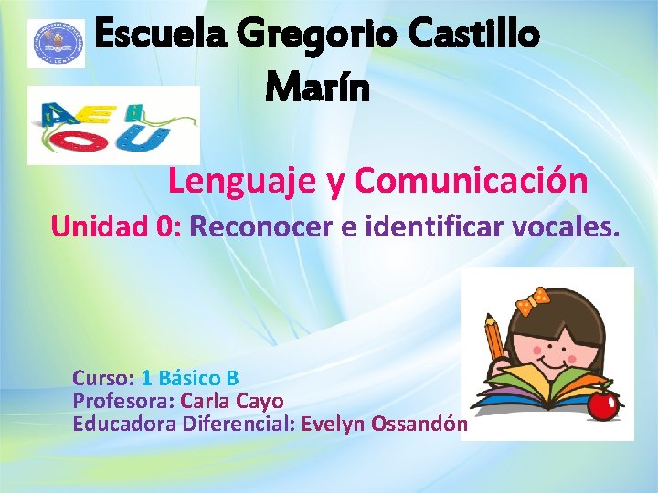 Escuela Gregorio Castillo Marín Lenguaje y Comunicación Unidad 0: Reconocer e identificar vocales. Curso: