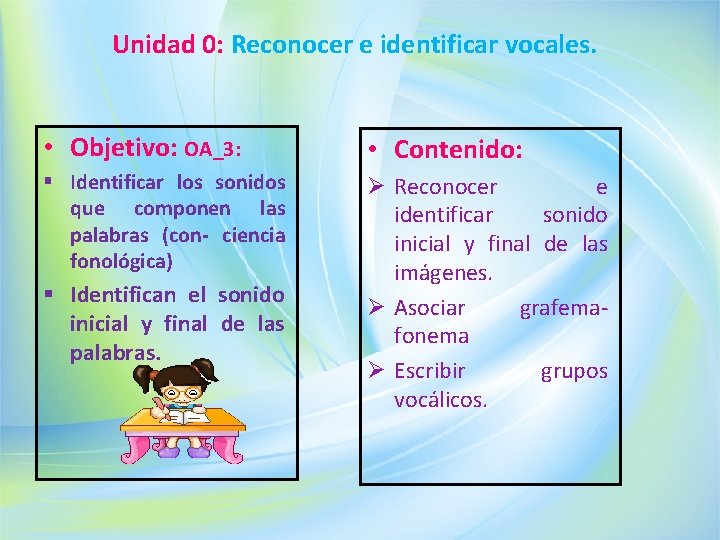 Unidad 0: Reconocer e identificar vocales. • Objetivo: OA_3: • Contenido: § Identificar los