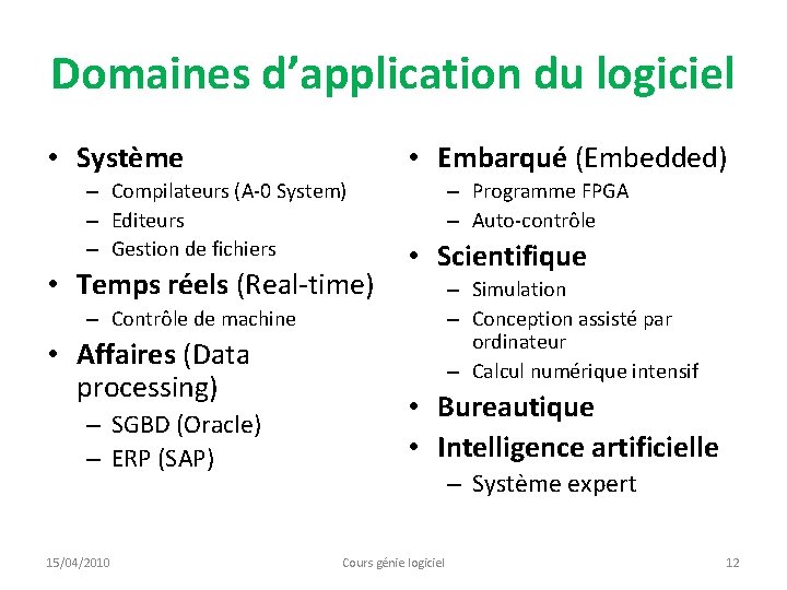 Domaines d’application du logiciel • Système • Embarqué (Embedded) – Compilateurs (A-0 System) –