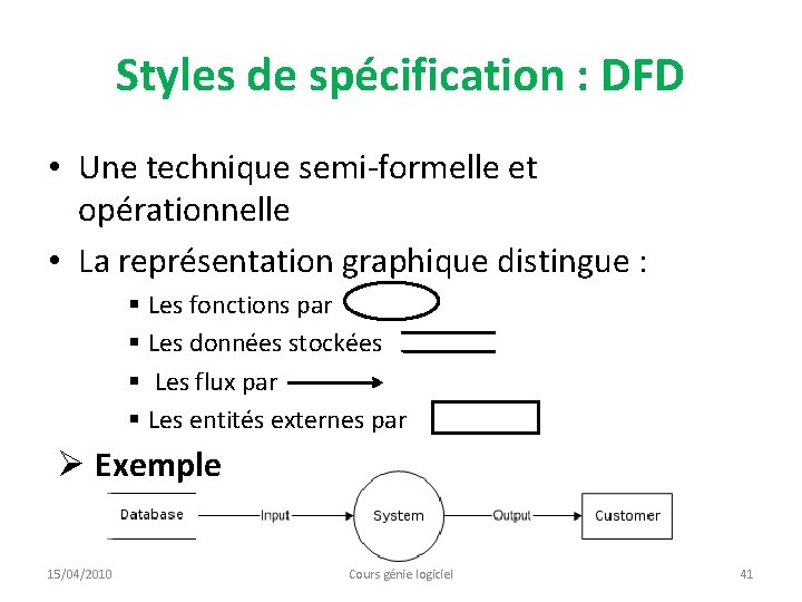 Styles de spécification : DFD • Une technique semi-formelle et opérationnelle • La représentation